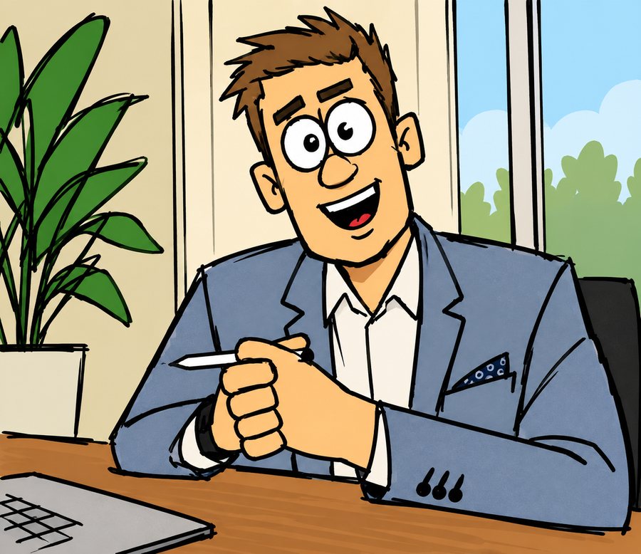 Cartoon of Dave Bolt at his desk in a blue jacket, pen in hand, grinning