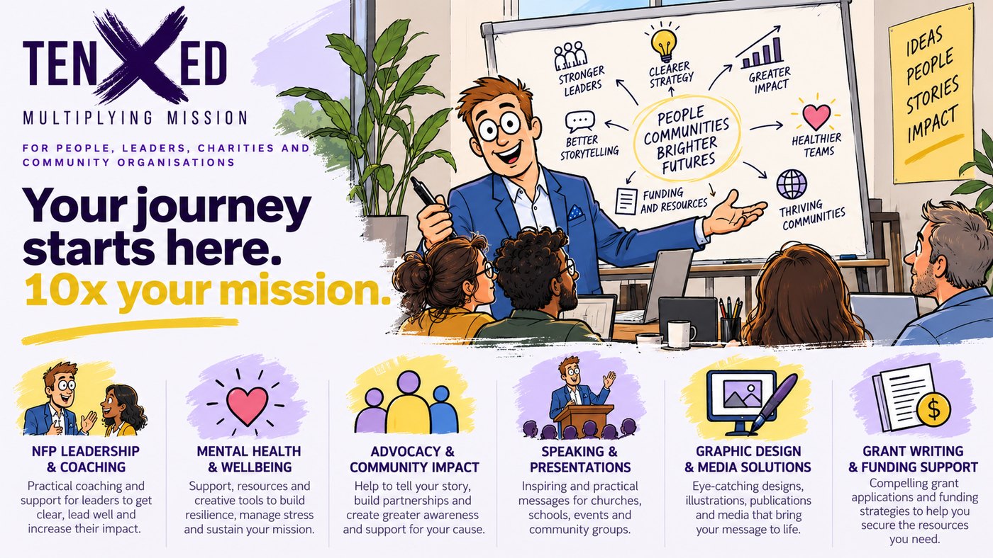 TenXed, multiplying mission: Dave at a whiteboard with a team, and six services: NFP leadership and coaching, mental health and wellbeing, advocacy and community impact, speaking and presentations, graphic design and media, grant writing and funding support